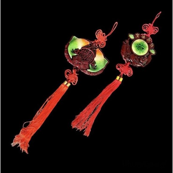 Wall Decor 2 Oriental Koi Fish Red Hanging Lucky Knots Carved Faux